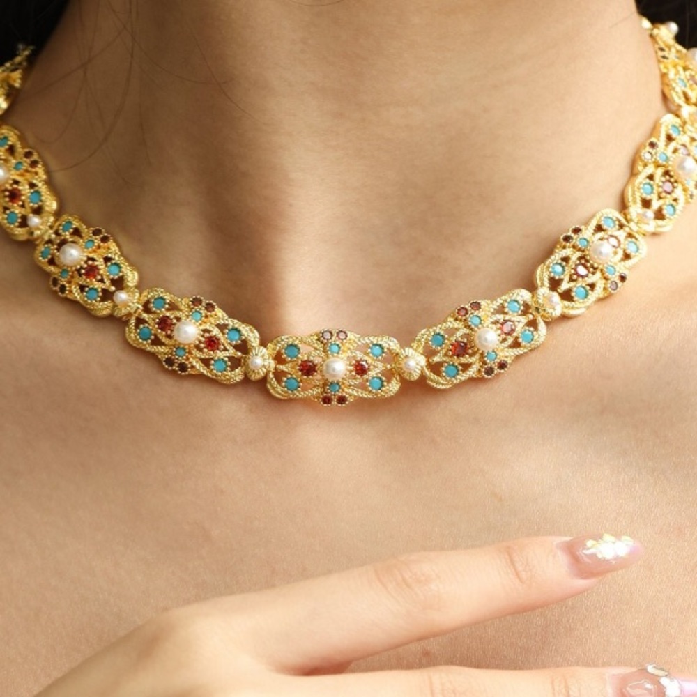 Vintage Art Deco Statement Pearl Turquoise Necklace